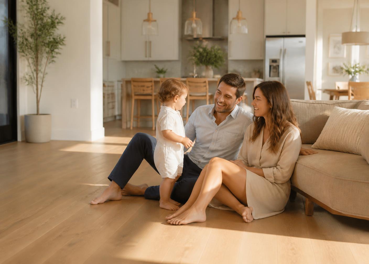 A family relaxing together on new light oak floors in their Orlando home